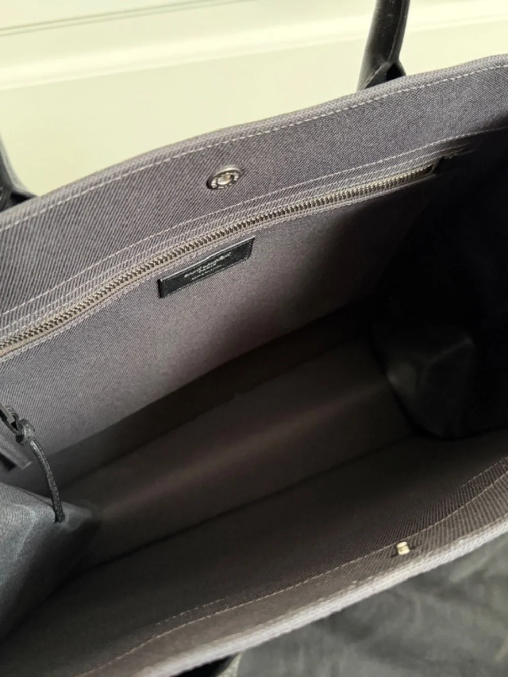 Saint Laurent YSL Rive Gauche Gray Canvas Logo Black Leather Tote Bag - Picture 12 of 16